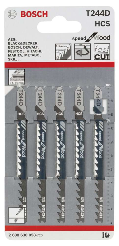 Bosch - Hızlı Kesim Serisi Ahşap İçin T 244 D Dekupaj Testeresi Bıçağı - 5'Li Paket