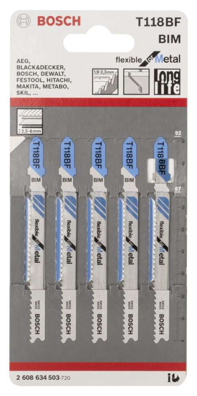 Bosch - Kırılmaya Karşı Dayanıklı Seri Metal İçin T 118 BF Dekupaj Testeresi Bıçağı - 5'Li Paket