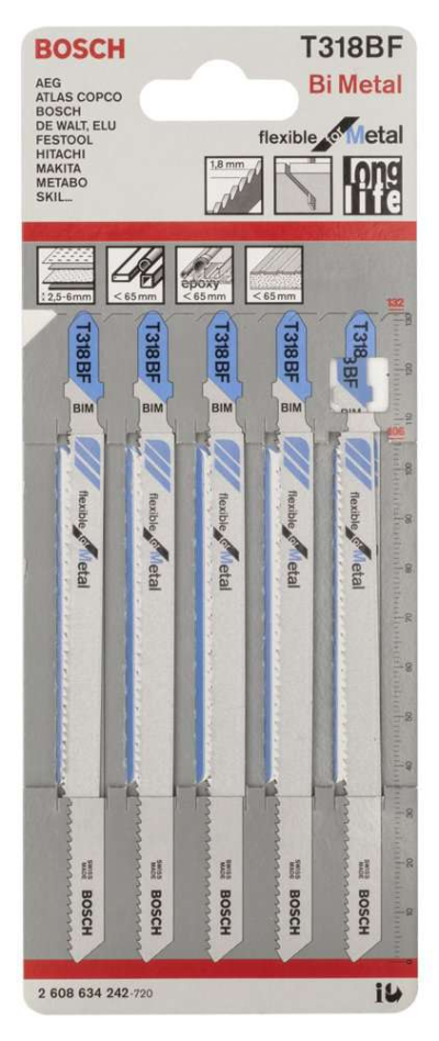 Bosch - Kırılmaya Karşı Dayanıklı Seri Metal İçin T 318 BF Dekupaj Testeresi Bıçağı - 5'Li Paket