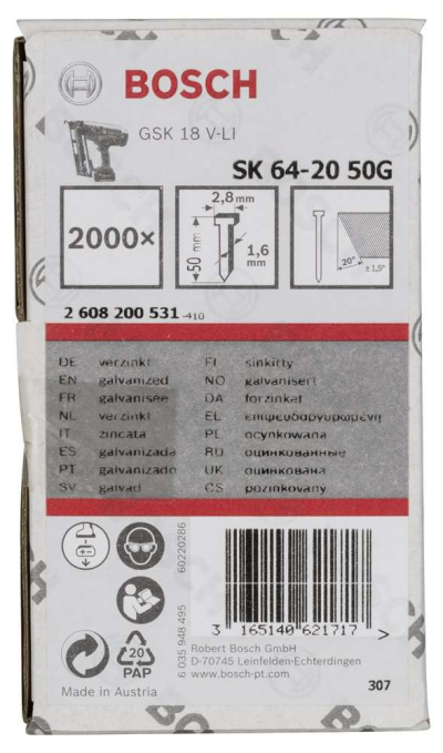 Bosch - Başsız Çivi 20ᵒ 50 mm Galvanizli 2000li