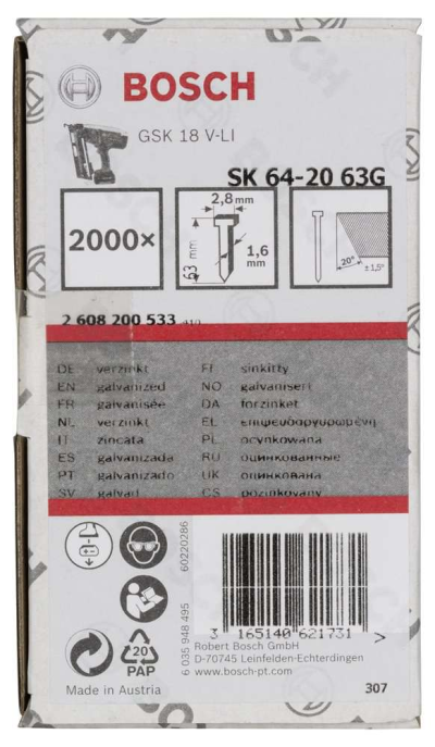 Bosch - Başsız Çivi 20ᵒ 63 mm Galvanizli 2000li