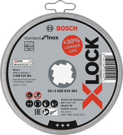 Bosch - X-LOCK - 125*1,6 mm Standard Seri Düz Inox (Paslanmaz Çelik) Kesme Diski (Taş) 10'lu