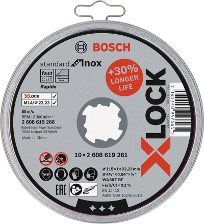 Bosch - X-LOCK - 115*1,0mm Standard Seri Düz Inox (Paslanmaz Çelik) Kesme Diski (Taş) - Rapido 10'lu