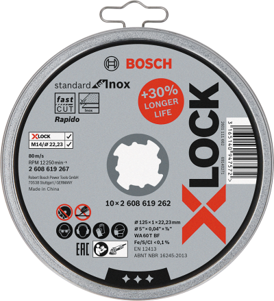 Bosch - X-LOCK - 125*1,0mm Standard Seri Düz Inox (Paslanmaz Çelik) Kesme Diski (Taş) - Rapido 10'lu